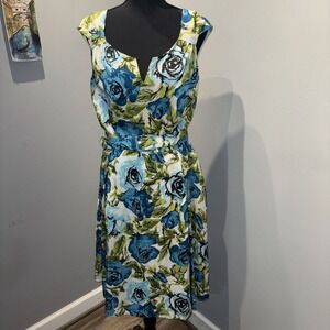 Talbots Floral Silk Dress‎ Lagoon Blue Color Sz8 sleeveless careerwear